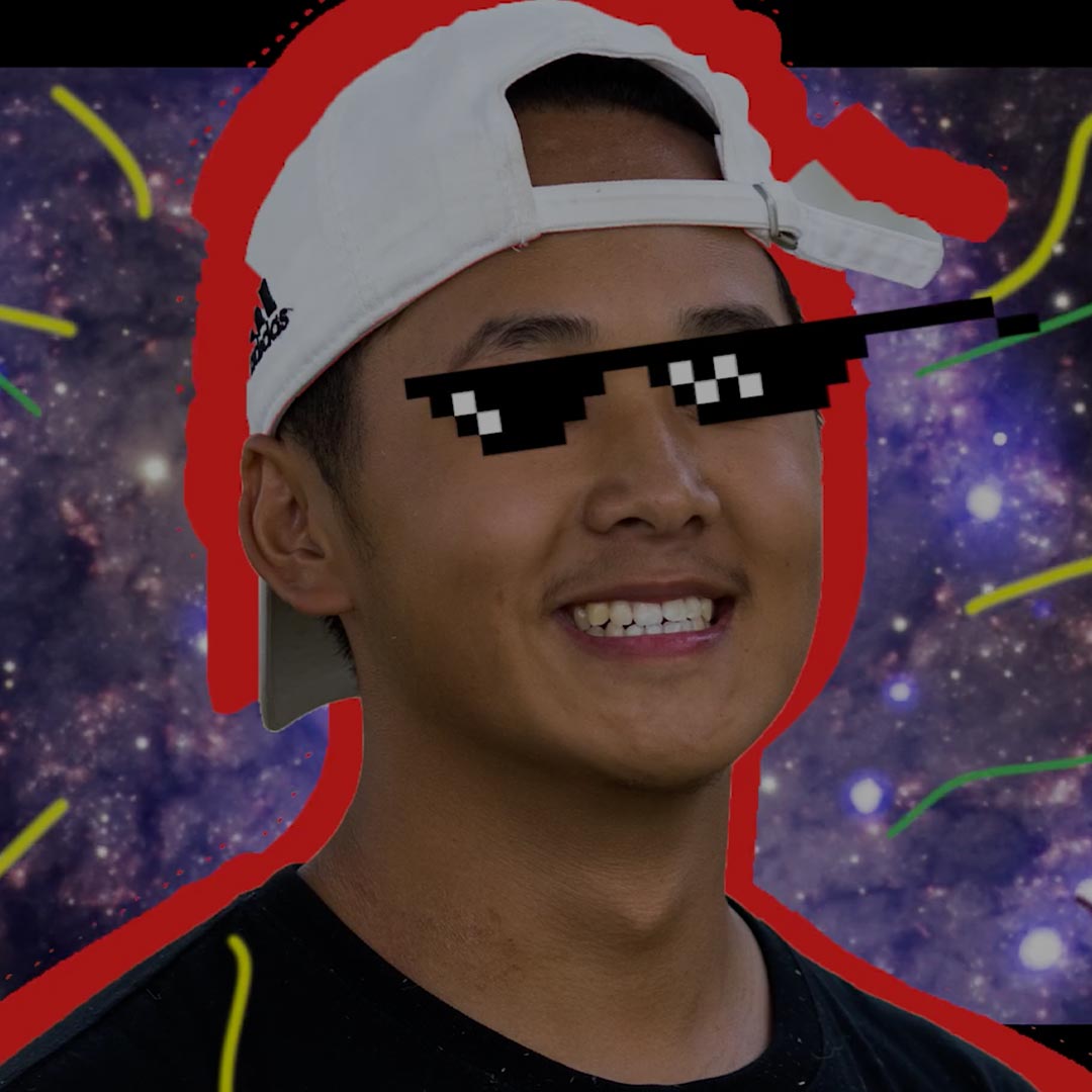 smiling student with crazy graphics crown college admissions