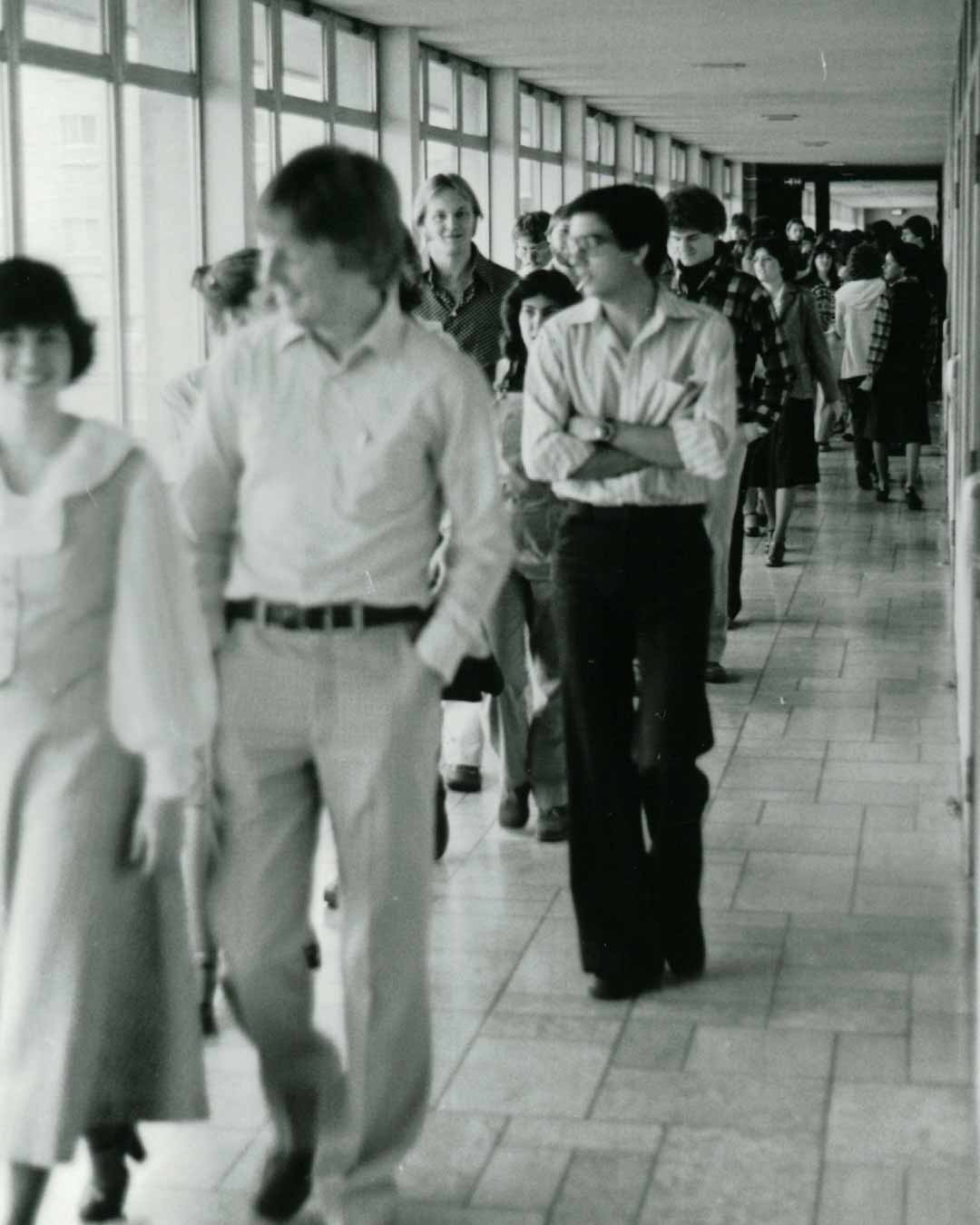 old photos of students lobby online in crown college